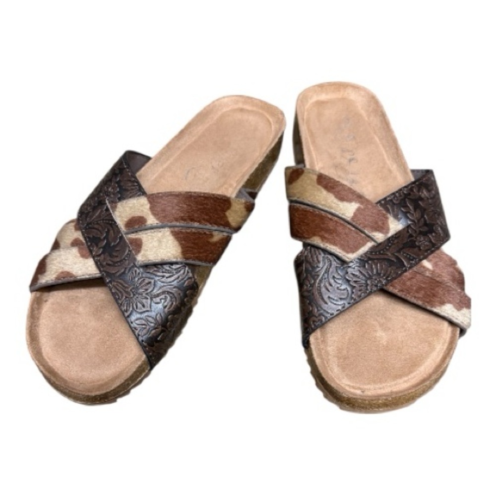 VERY G WOMENS BROWN TOOLED COW HIDE Western Boutique SANDALS Size 8 - Picture 4 of 9